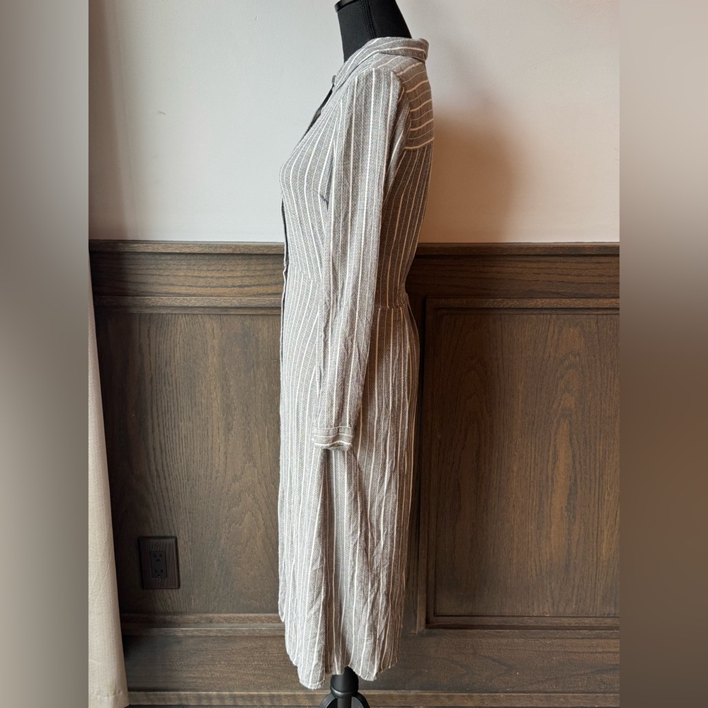 Lucky Brand Gray and White Striped Button-Front Long Sleeve Midi Shirt Dress XS - Picture 3 of 9